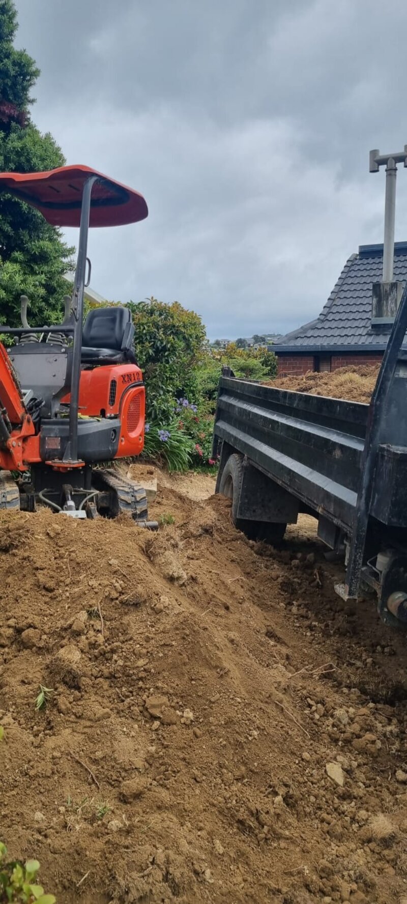 Mini digger and dump truck for earthworks Wellington